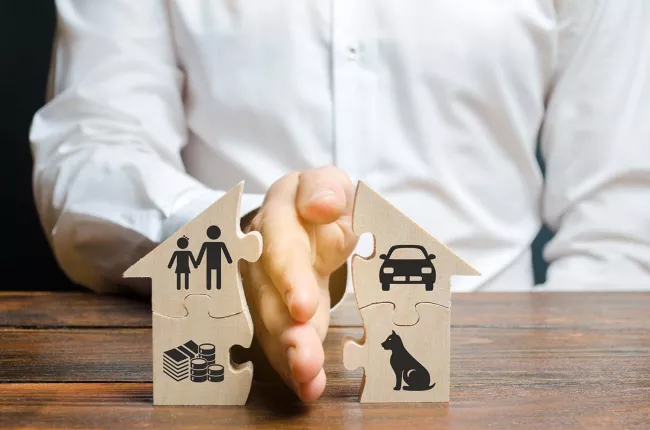 Image of puzzle of house with icons of money, pet, and car being split by a hand.