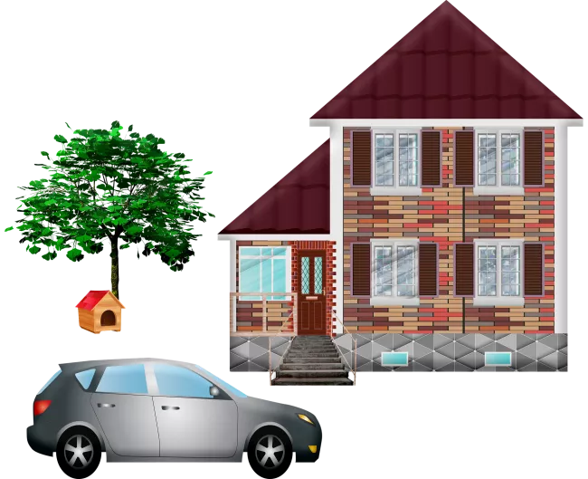 house on right silver car on left and tree with doghouse behind car